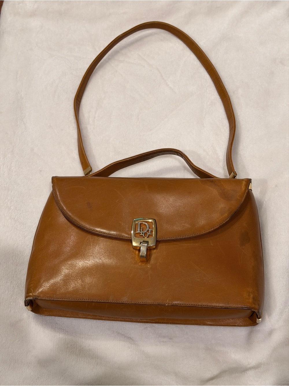 ✨ Vintage Christian Dior Cognac Leather Shoulder Bag Gold Logo Restored